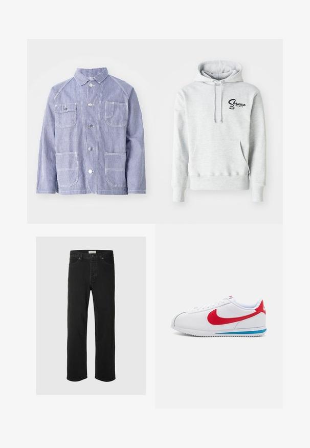 Stribet blå og hvid jakke med krave, frontknapper, to brystlommer og to nederste lommer. Lavet af tekstureret stof.; Grå hættetrøje lavet af blødt stof, med en frontlomme, snoretræk i hætten, og et sort "Service Works" logo på venstre brystområde.; Sorte denim straight-leg jeans har et klassisk fem-lomme design med knaplukning, minimal syning og en blød tekstur.; Hvide sneakers med røde accenter, der har et glat læderoverdel, rund tå og en blå sål. Snørebåndsdesign med synlige syninger.