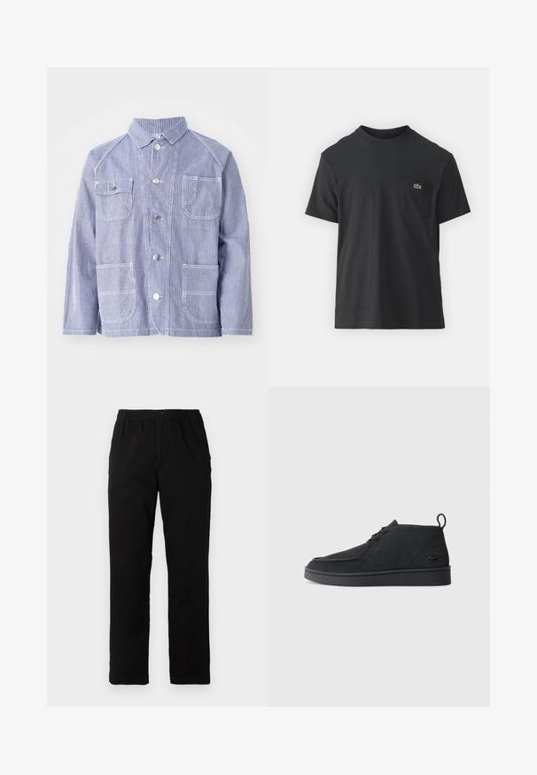Stripet blå og hvit jakke med krage, frontknapper, to brystlommer og to nedre lommer. Laget av strukturert stoff.; Svart bomull t-skjorte med korte ermer, rund hals og en liten grønn logo på venstre brystlomme. Enkelt design, normal passform.; Sorte bukser laget av bomullsblandet stoff, med rett snitt, elastisk midjebånd med knapp, og uten synlige mønstre eller detaljer.; Svart semsket snøring ankelstøvel med drageløkke og teksturert såle, med en liten preget krokodillelogo på siden.