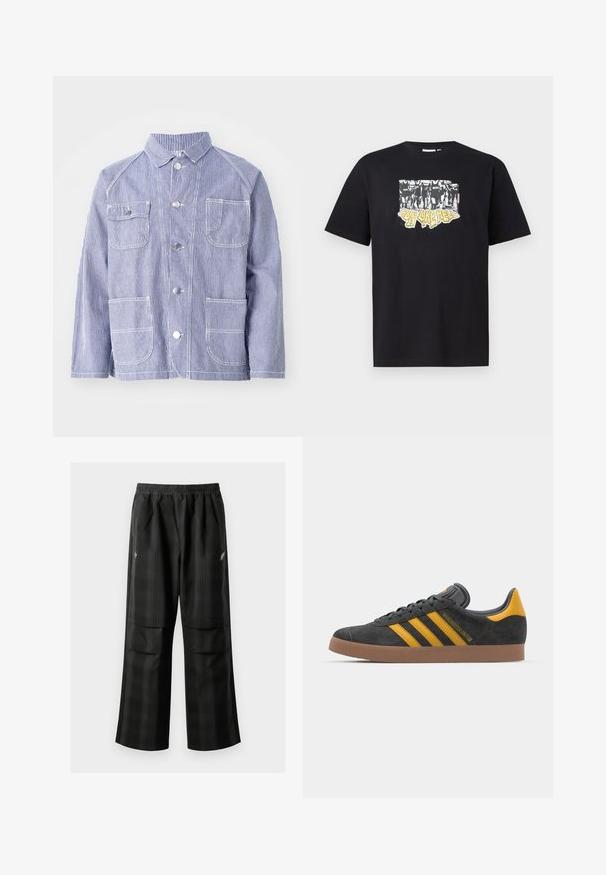 Raidallinen sinivalkoinen takki, jossa on kaulus, napit edessä, kaksi rintataskua ja kaksi alhaista taskua. Valmistettu tekstuurista kankaasta.; Musta puuvillainen t-paita, jossa on sälkkuvalkoinen ja keltainen graafinen printti, jossa lukee "RAUTA KUIN HELVETTI" ja siluettimuotoilu.; Mustat ruudulliset housut, joissa on joustava vyötärö, kaksi etutaskua ja rento istuvuus suoralla lahkeella. Valmistettu kevyestä materiaalista.; Mustat samettiset tennarit, joissa on keltaisia yksityiskohtia, kolmonen raita ja ruskea kumipohja. Sisältää pehmustetun kielisen mukavuutta varten.