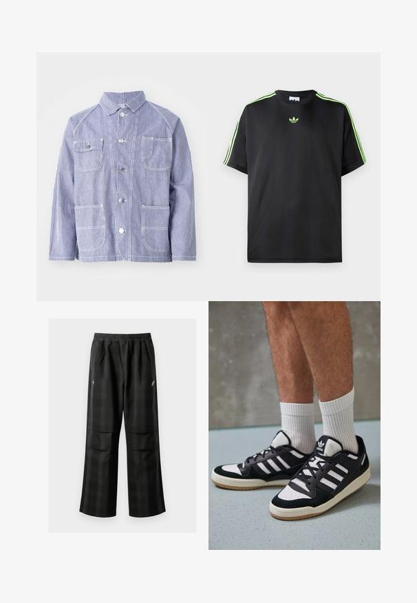 Gestreepte blauw-witte jas met een kraag, knopen aan de voorkant, twee borstzakken en twee onderste zakken. Gemaakt van textiel.; Zwarte T-shirt van gladde stof met een ronde halslijn, voorzien van drie groene strepen op de schouders en een klein groen logo op de borst.; Zwarte geruite broek met een elastische tailleband, twee voorzakken en een losse pasvorm met een rechte pijpdesign. Gemaakt van lichtgewicht materiaal.; Zwart-witte sneakers met een bovenwerk van suede en leer, voorzien van drie witte strepen, een geperforeerde neus en een rubberen gumzool.