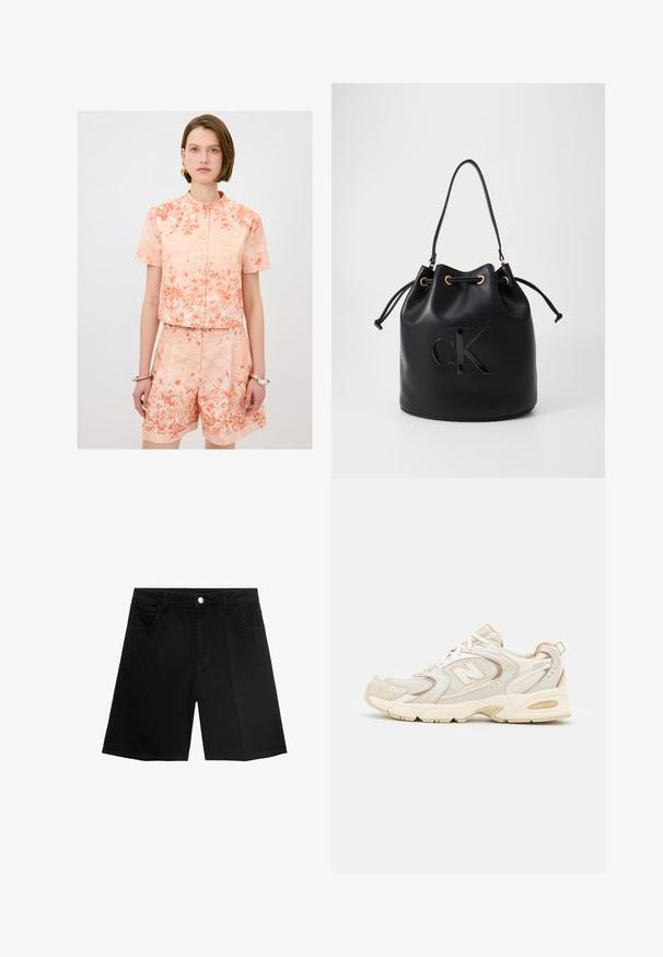 Korte mouwen, matchende set in koraaltint met bloemenprint; verkort knoopshirt met ronde kraag en hoge taille korte broek met opgerolde zoom.; Witte cropped t-shirt gemaakt van ribgebreide stof. Heeft een ronde halslijn en korte mouwen. Zwart geborduurd "cK" logo op de borst.; Zwarte denim shorts met een rechte snit, vijf zakken en een zilveren knoopsluiting. Gladde textuur met minimale stikseldetails.; Beige sport schoenen met gaas- en synthetische overlays, voorzien van een textuur, een gevoerde kraag en "ABZORB" demping bij de hiel.; Zwarte leren emmer tas met trekkoord sluiting, voorzien van een glanzend "CK" logo aan de voorkant en gouden hardware accenten.