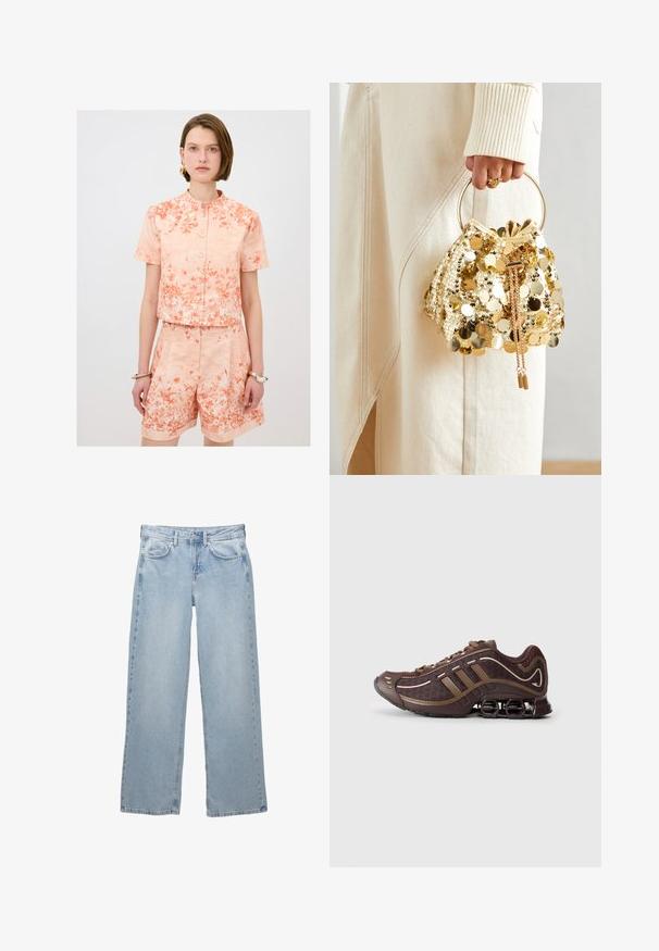 Korte mouwen, matchende set in koraaltint met bloemenprint; verkort knoopshirt met ronde kraag en hoge taille korte broek met opgerolde zoom.; Zwarte longsleeve top van zacht materiaal, met een gedrapeerd ontwerp en een kruislings front en een boot halslijn. Soepele textuur, cropped lengte.; Lichtblauwe denim jeans met een wijdere pijpdesign, voorzien van een knoop- en ritsluiting, vijf zakken en minimale stikseldetails.; Bruin sportschoen met bovenkant van mesh en synthetisch materiaal, voorzien van drie strepen, gedetailleerde stiksels, tochtige zool en kenmerkende veerkrachtige hak.; Gouden pailletten trekkoord handtas met een ronde handgreep, versierd met glanzende ronde pailletten en een gemêleerde stof. Afmetingen zijn niet opgegeven.