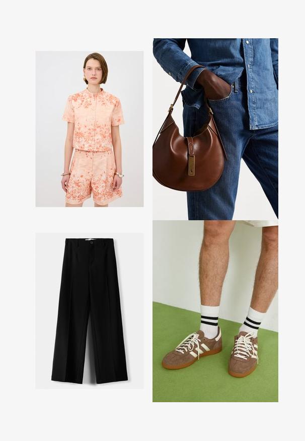 Kortærmet sæt i koralfarvet tone med blomsterprint; cropped skjorte med knaplukning og rund krave samt høj talje shorts med opsmøg.; Marineblå bomulds t-shirt med korte ærmer og rund halsudskæring. Har et lille rødt broderet logo på venstre bryst.; Sorte brede bukser lavet af letvægtsstof, med frontknaplukning og glat front, samt pænt syede kanter.; Brune ruskind sneakers med hvide detaljer og snørebånd. Gummisål i naturgummi. Båret med hvide sokker med sorte striber. Grøn struktureret gulv.; Brun læder hobo taske med en afrundet form, der har et guldhardware-element og kontraststing. Sammen med en denimskjorte og jeans.