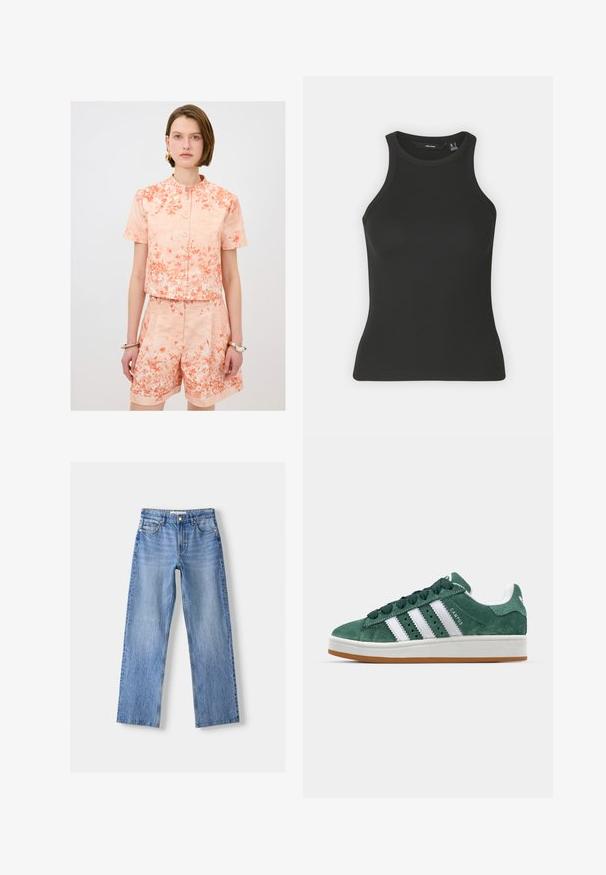 Kortærmet sæt i koralfarvet tone med blomsterprint; cropped skjorte med knaplukning og rund krave samt høj talje shorts med opsmøg.; Sort ribbet tanktop med høj halsudskæring og ærmeløs design. Har en tætsiddende silhuet og blød tekstur.; Lysblå denim jeans med lige ben design, der har fem lommer, en frontknaplukning og subtil falmning for tekstur.; Grønne ruskinds sneakers med hvide læderstriber, gummisål, polstret krave og minimalistisk design. Har branding på siden.