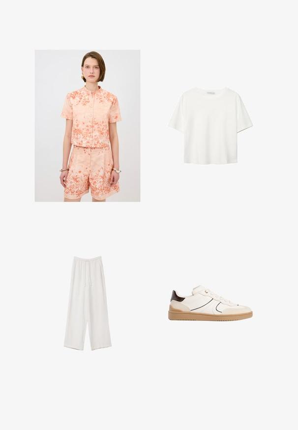 Kortærmet sæt i koralfarvet tone med blomsterprint; cropped skjorte med knaplukning og rund krave samt høj talje shorts med opsmøg.; Hvid kortærmet t-shirt lavet af bomuld. Har en rund halsudskæring og en afslappet pasform. Glat tekstur uden synlige mønstre eller detaljer.; Hvide bukser med bred benlængde lavet af et letvægtsstof. Har et elastisk talje med snor og sidelommer. Glat tekstur.; Stradivarius Sneakers - white