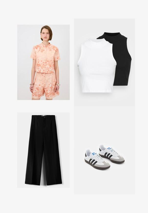 Kortærmet sæt i koralfarvet tone med blomsterprint; cropped skjorte med knaplukning og rund krave samt høj talje shorts med opsmøg.; To kjoleløse ribbede turtleneck-toppe i sort og hvid, med en tætsiddende design og glat tekstur, samt cropped længde.; Sorte brede bukser lavet af letvægtsstof, med frontknaplukning og glat front, samt pænt syede kanter.; Sportsko med en overdel i hvid læder, grå ruskind på tåen og tre sorte striber. Har et blåt logo på tungen og en struktureret gummisål.