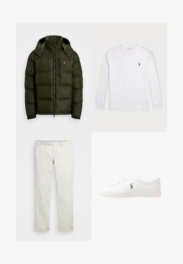 Polo Ralph Lauren THE GORHAM DOWN JACKET - Dūnu jaka - company olive; Baltas garām piedurknēm T-krekls, izgatavots no kokvilnas. Tam ir apaļa kakla izgriezne, ribotas piedurknes un neliels tumši zilas polo logo kreisajā krūtī.; Bežīgas kokvilnas chinos bikses ar gludu priekšpusi, jostas cilpām un sānu kabatām. Taisnas kājas dizains ar gludu tekstūru un vieglu, elpojošu sajūtu.; Baltas ādas sporta apavi, zema dizaina, ar gludu tekstūru, noapaļotu purngalu, ar auklēm priekšpusē un nelielu izšūtu logotipu sānos.