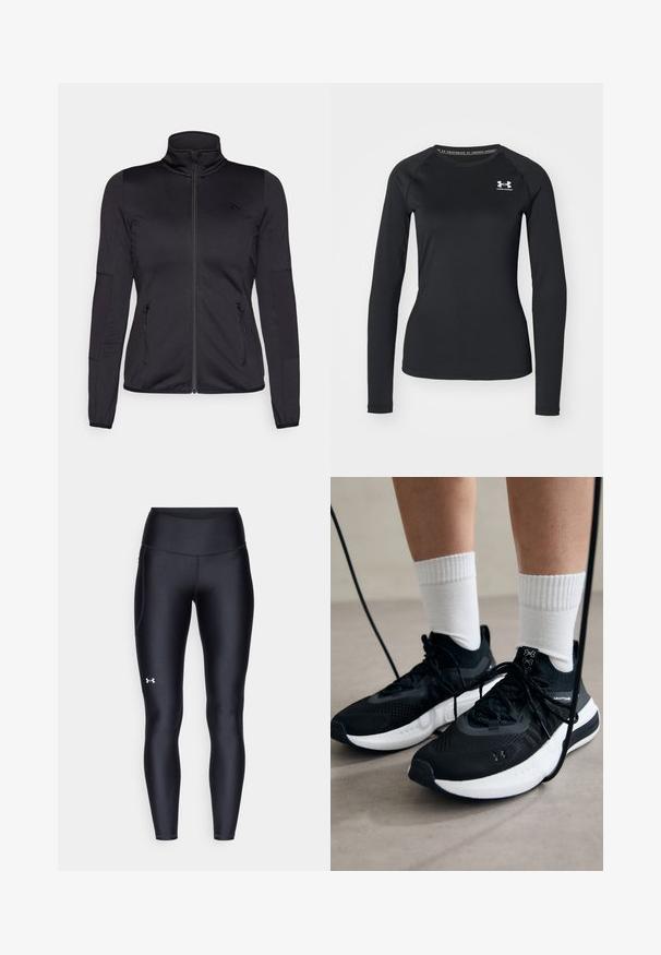 Black zip-up jacket with a high collar, constructed from smooth, stretchy fabric, featuring two zippered front pockets and textured sleeves.; Black long-sleeve athletic shirt made of smooth fabric, featuring a round neckline and a small white logo on the left chest.; Black leggings made of smooth, stretchy material with a high waistband. Features a white logo on the left thigh and fitted design.; Black athletic shoes with textured fabric, white sole, and black laces. Worn with white ribbed socks, standing on a light surface.