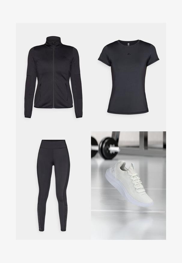Jachetă neagră cu fermoar, cu guler înalt, confecționată dintr-un material neted și elastic, având două buzunare frontale cu fermoar și mâneci texturate.; Tricou negru cu mânecă scurtă, realizat dintr-un material neted și respirabil, având un design minimal al logo-ului pe față. Guler clasic tip crew.; Colanți negri fabricați din material elastic. Talie înaltă, textură netedă, cu accente decorative la nivelul piciorului.; Sneaker sportiv alb cu o parte superioară din plasă texturată și sistem de șireturi, având o talpă albă cu un amortizor și accente subtile în formă de nervuri.