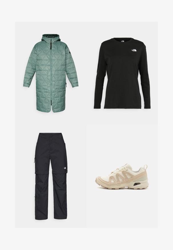 Dolga, kapučna prešita bunda v umirjeni zeleni barvi. Ima geometrijski diamantni vzorec, sprednji zadrgo in stranske žepe. Lahka, vodoodporna material.; Črna majica z dolgimi rokavi iz bombaža z okroglo izrezom. Ima majhen bel logotip na levem prsnem delu. Enostaven dizajn in prileganje.; Črne najlon hlače z zipom, ki se lahko odstranijo, s prilagodljivimi manšetami, več žepi in logotipom na desni nogi. Gladka, lahka tekstura.; Bež in krem športni čevlji z teksturiranim mrežastim zgornjim delom, podpornimi prekrivali in gumijastim podplatom z vzorcem za oprijem.