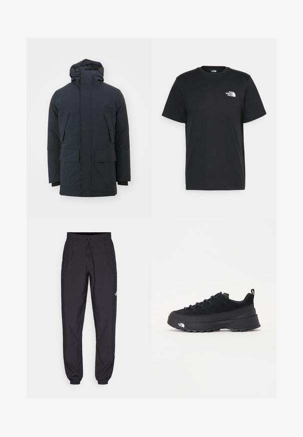Granatowa kurtka ocieplana z wysokim kołnierzem, regulowanym kapturem i dwiema dużymi kieszeniami z przodu. Gładka, matowa faktura, długie rękawy.; Czarna bawełniana koszulka z krótkimi rękawami, okrągłym dekoltem i małym białym logo na lewej piersi. Prosty design, gładka faktura i luźny krój.; Czarne spodenki sportowe wykonane z lekkiego materiału, z elastycznym pasem na sznurek, bocznymi kieszeniami i zwężanymi mankietami przy kostkach.; Czarne sneakersy outdoorowe z zamszowym wierzchem, teksturowaną gumową podeszwą i solidnym systemem sznurowania. Posiadają wzmocnioną piętę oraz logo marki na boku.
