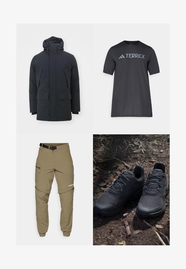 Dunkelblaue isolierte Jacke mit hohem Kragen, verstellbare Kapuze und zwei großen Fronttaschen. Glatter, matter Stoff, lange Ärmel.; Schwarzes T-Shirt mit kurzen Ärmeln aus leichtem Stoff, mit einem hellgrauen "TERREX"-Logo auf der Brust und einem Rundhalsausschnitt.; Beige Outdoorhose mit Gürtel, seitlichen Reißverschlusstaschen und elastischen Bündchen. Verfügt über ein abnehmbares Design für Vielseitigkeit und eine glatte Textur.; Schwarze Sportschuhe mit einem strukturierten Strickobermaterial, verstärkter Zehenkappe und gepolsterten Sohlen, die auf erdigem Boden mit verstreuten Zweigen präsentiert werden.