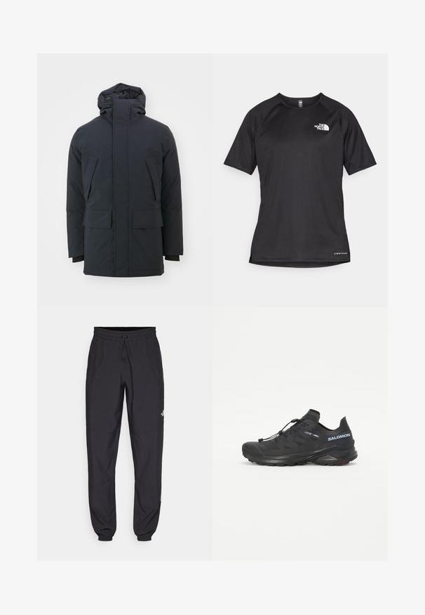 Casaco isolado azul-marinho com gola alta, capuz ajustável e dois grandes bolsos frontais. Acabamento de tecido liso e mate, mangas longas.; Camisa atlética preta de manga curta com um tecido texturizado, apresentando um logotipo branco no peito esquerdo e uma bainha reta.; Calças atléticas pretas feitas de tecido leve, com um cós ajustável por cordão, bolsos laterais e punhos afunilados nos tornozelos.; Sapatilha de trail running preta com um upper texturizado, atacadores elásticos e sola Contagrip. Apresenta um ajuste confortável e uma biqueira protetora.