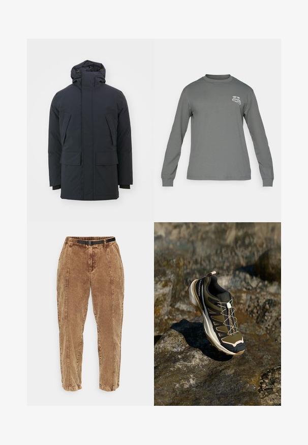 Giacca isolante blu navy con colletto alto, cappuccio regolabile e due grandi tasche frontali. Tessuto liscio e opaco, maniche lunghe.; Camicia a maniche lunghe in tessuto grigio, con collo rotondo e un logo grafico bianco sul lato sinistro del petto. Texture morbida e design semplice.; Pantaloni di velluto a coste marroni con una superficie testurizzata, dotati di una cintura nera regolabile, tasche laterali e una vestibilità comoda. I pantaloni si stringono verso le caviglie.; Scarpe da escursionismo in verde oliva e nero con dettagli rosa. Presentano una parte superiore testurizzata, suola flessibile, puntale rinforzato e un vivace sistema di allacciatura.