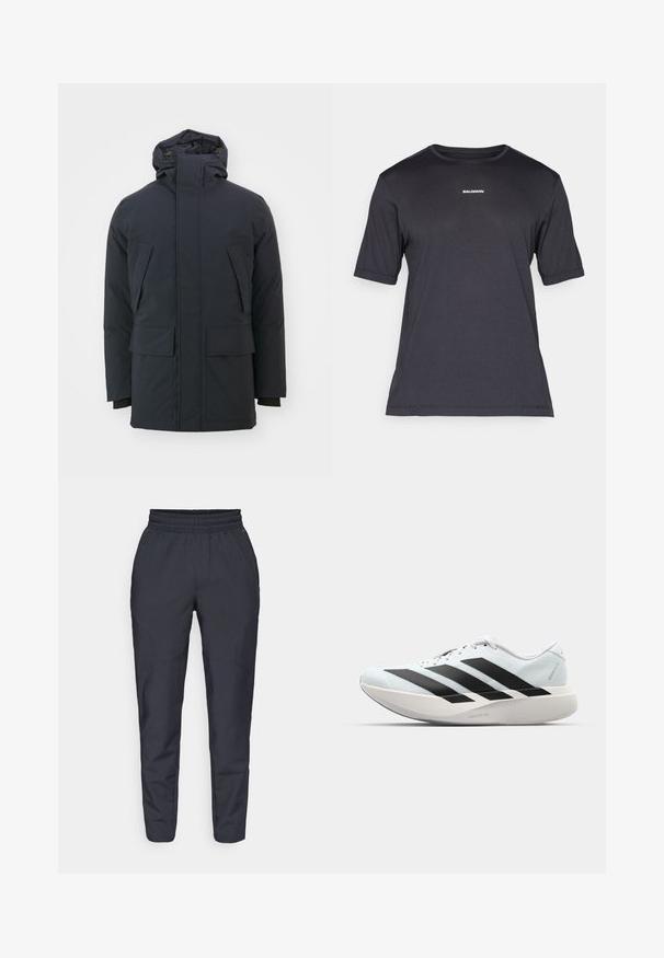 Tamsiai mėlynas izoliuotas švarkas su aukštu apykakle, reguliuojama kapuce ir dviem didelėmis priekinėmis kišenėmis. Lygi, matinė medžiagos apdaila, ilgos rankovės.; Juoda trumpų rankovių sportinė marškinėlių, pagaminta iš kvėpuojančios medžiagos, su apvalia iškirpte ir nedideliu baltu "SALOMON" logotipu ant krūtinės.; Jūros mėlynos tapered tipo kelnės, pagamintos iš minkštos medžiagos, su elastingu juosmeniu, šoninėmis kišenėmis ir lygia tekstūra su subtiliais siuvinėjimo akcentais.; Lengvi bėgimo batai šviesiai mėlynos spalvos su juodomis juostelėmis. Yra lygus viršus, apvalus pirštas ir storas baltas vidpadis su užrašu "LIGHTSTRIKE PRO."