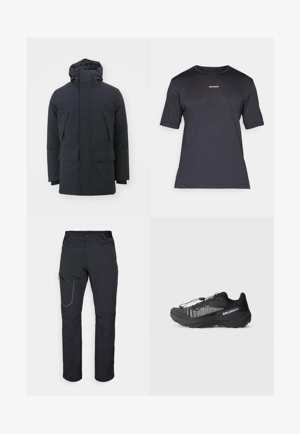 Geacă izolată de culoare bleu marin, cu guler înalt, glugă ajustabilă și două buzunare frontale mari. Finisaj de țesătură netedă, mată, cu mâneci lungi.; Tricou scurt cu mânecă neagră, dintr-un material respirabil, cu guler rotund și un mic logo alb "SALOMON" pe piept.; Pantaloni negri de exterior cu buzunar pe coapsă cu fermoar, talie elastică și material neted, rezistent la apă. Design curat, fără logouri vizibile.; Pantofii negri pentru alergare pe teren accidentat au un design din plasă texturată, accente reflective, talpă căptușită și un sistem de șiret elastic. Logo pe lateral.