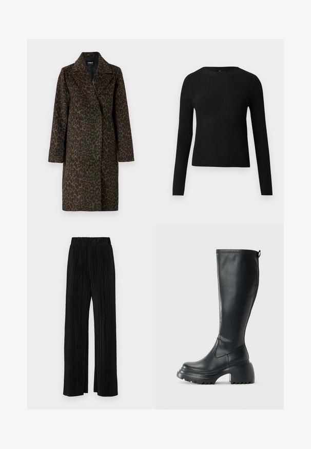 Leopardų rašto paltas žalių ir rudų atspalvių, su įpjautu apykakle, ilgomis rankovėmis ir laisvu siluetu. Minkšta tekstūruota medžiaga.; Juoda dryžuota ilga rankovė prigludusi megztinis su apvalia iškirpte, pateiktas prieš paprastą šviesią fono.; Juodi plisuoti kelnės su elastine juosta. Turėkite plačias kojas ir glotnų, tekstūrinį audinį su vertikaliais dryžiais.; Ilgas juodos odinės batai su masyvi platforma ir stačiakampiu kulnu, turintys traukimo kilpą ir tekstūruotą pado raštą.
