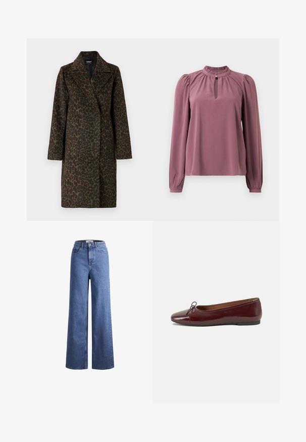 Leopardikuvioinen takki vihreän ja ruskean sävyissä, jossa on kiiltonahkakaulus, pitkät hihat ja rento istuvuus. Pehmeä tekstuurinen kangas.; Paita pitkillä hihoilla, joka on mauven värinen, kerääntyvällä kauluksella, avaimenreikän muotoisella kaula-aukolle ja napilla kiinnitettävällä sulkimella, sekä hieman puffattuilla harteilla.; Vaaleansiniset farkut leveillä lahkeilla, korkea vyötärö, kaksi etutaskua ja näkyvät ompeleet. Varustettu napilla ja vetoketjulla.; Burgundin värinen lakattu nahkainen ballerinatossu pyöreällä varvaskärjellä, pienen nauhan yksityiskohdalla edessä ja matalalla mustalla kumipohjalla. Sujuva pinta.