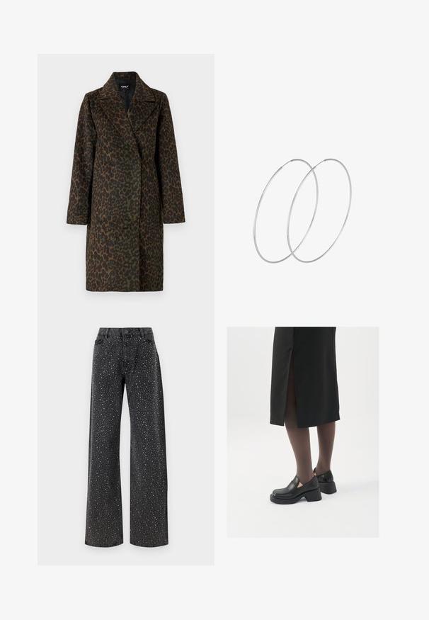 Cappotto maculato in tonalità di verde e marrone, con colletto a punte, maniche lunghe e vestibilità comoda. Tessuto morbido e testurizzato.; Body nero con maniche lunghe, caratterizzato da un scollo a V in rete e dettagli arricciati sulle spalle. Tessuto morbido con una forma aderente.; Noisy May NMJANNEL LOOSE - Jeans baggy - black denim; Scarpe in pelle nera con punta arrotondata, tacco spesso a blocco e accenti laterali in elastico, abbinate a collant scuri e una gonna nera con uno spacco.; Orecchini a cerchio in argento con un design minimalista. Forma circolare, superficie liscia e profilo sottile. Leggeri con una finitura lucida.