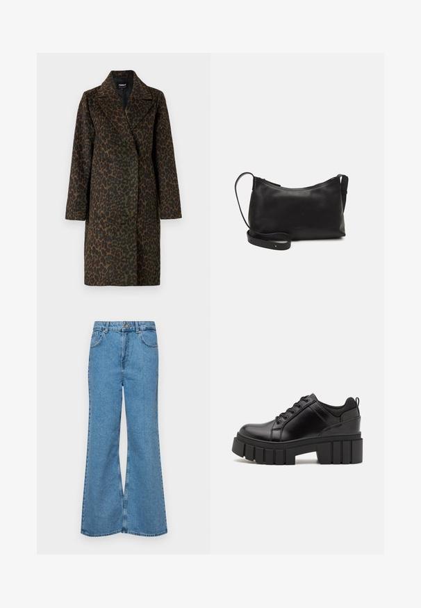 Leopard-print coat in shades of green and brown, with a notched collar, long sleeves, and a relaxed fit. Soft textured fabric.; Black and white T-shirts, round neck, short sleeves. Black shirt features yellow sun embroidery; white has purple crescent moon accent.; Light blue flared jeans made of denim, featuring a high waist, five pockets, and a single button closure. Soft texture with faded finish.; Black leather platform shoes with a chunky block heel, round toe, and traditional lace-up design. Features smooth texture and minimal detailing.; Black leather shoulder bag with a smooth texture, curved shape, adjustable strap, and a zip closure. Minimalist design without embellishments.