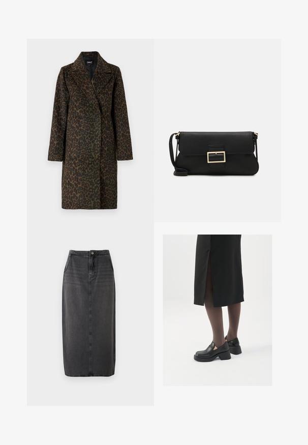 Leopard-print coat in shades of green and brown, with a notched collar, long sleeves, and a relaxed fit. Soft textured fabric.; White sleeveless tank top made of ribbed fabric, featuring a rounded neckline and a fitted silhouette, with minimal seams and no embellishments.; Black denim midi skirt with a straight cut, front button closure, and side pockets. Features a smooth texture and subtle fading.; Black leather shoes with a rounded toe, thick block heel, and elastic side accents, paired with dark tights and a black skirt with a slit.; Black leather clutch bag with a flap and a gold metal buckle detail. Includes a black strap and a sleek, minimalist design.