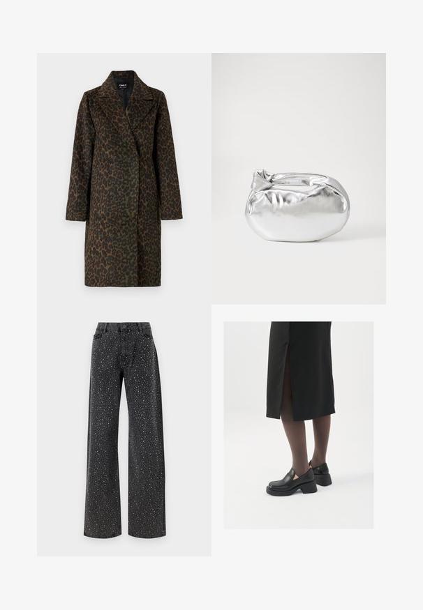 Cappotto maculato in tonalità di verde e marrone, con colletto a punte, maniche lunghe e vestibilità comoda. Tessuto morbido e testurizzato.; Top senza maniche bianco realizzato in tessuto a coste, caratterizzato da un collo arrotondato e una silhouette aderente, con cuciture minime e senza decorazioni.; Noisy May NMJANNEL LOOSE - Jeans baggy - black denim; Scarpe in pelle nera con punta arrotondata, tacco spesso a blocco e accenti laterali in elastico, abbinate a collant scuri e una gonna nera con uno spacco.; Borsa a pochette metallica argentea con una forma morbida e arrotondata e chiusura superiore annodata. Realizzata in materiale sintetico morbido.; Orecchini a cerchio in argento con un design minimalista. Forma circolare, superficie liscia e profilo sottile. Leggeri con una finitura lucida.