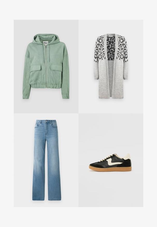 Softer anyagból készült menta zöld zipzáras kapucnis pulóver, állítható kapucnival, két elülső zsebbel és ráncolt aljjal.; Szürke, kötött kardigán hosszú ujjakkal és nyitott elülső résszel. A felső részén fekete leopárd mintával díszített. Puha tapintású.; Fehér ujjatlan trikó ribbed anyagból, lekerekített nyakkivágással és testhez simuló siluettel, minimális varrásokkal és díszítések nélkül.; Világoskék, magas derekú farmernadrág egyenes szabással. Denim anyagból készült, öt zsebbel és gombos záródással.; Fekete velúr és bőr sneaker, krém színű oldalsó swoosh-sal és világos krém színű sarokkal. Beigézett fűzőkkel és gumi talppal rendelkezik.