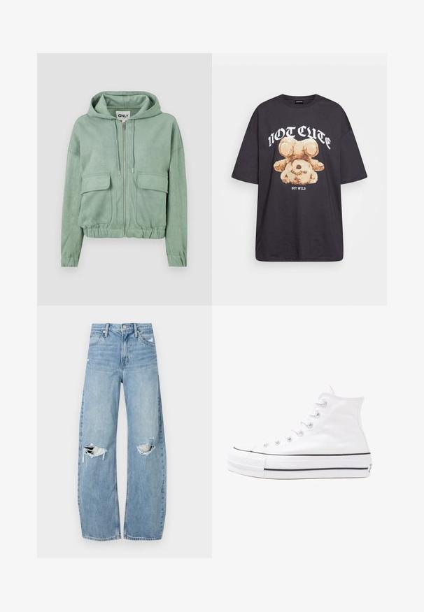 Corta-vento verde menta com fecho, feito de tecido suave, apresentando um capuz com cordão, dois bolsos frontais e uma bainha franzida.; T-shirt oversized preto com uma gráfica de um urso e o texto "NÃO FOFO, MAS SELVAGEM" em letras brancas e em negrito. Material em algodão.; Jeans de lavagem clara, de cintura alta, feitos de denim. Apresentam pernas largas, duas áreas rasgadas nos joelhos e o estilo clássico de cinco bolsos.; Sapatilha alta de tela branca com sola de borracha preta, bico de borracha na frente e seis ilhós para os atacadores, apresentando um design limpo e minimalista.