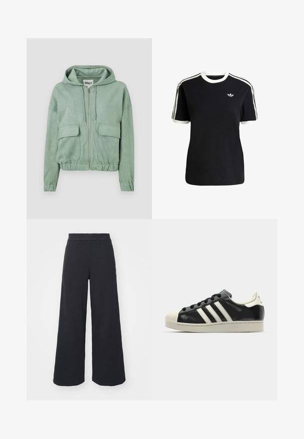 Mentol zelena zip-up kapuljača napravljena od mekog materijala, s kapuljačom na vezanje, dva prednja džepa i nabrano dno.; Crna pamučna majica s bijelim detaljima na ovratniku i rukavima, s tri bijele pruge na svakom ramenu i malim logotipom na prsima.; Crne široke sweatpants hlače napravljene od mekog materijala, s elastičnim strukom i malim logotipom s lijeve strane.; Crni kožni tenisice s bijelim prugama, gumeni zaštitni vrh, crne vezice i bijela potplata boje krem. Glatka tekstura s sjajnim završetkom.