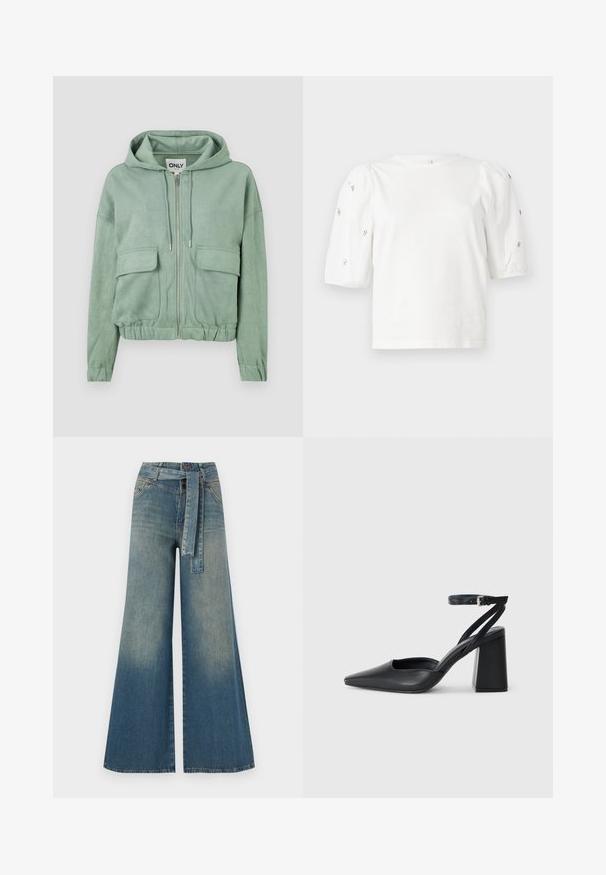 Felpa con zip verde menta realizzata in tessuto morbido, con cappuccio regolabile, due tasche frontali e orlo arricciato.; T-shirt bianco in cotone con maniche corte a sbuffo, caratterizzato da piccoli dettagli argento lungo le maniche. Collo rotondo classico, vestibilità comoda.; Pantaloni in denim a gamba larga con una sfumatura che va dal blu chiaro al blu scuro, vita alta, passanti per cintura e una cintura in tessuto coordinato. Finitura in denim strutturato.; Pump in pelle nera con punta affusolata, cinturino alla caviglia e tacco spesso. Texture piatta, design elegante ed estetica minimalista.