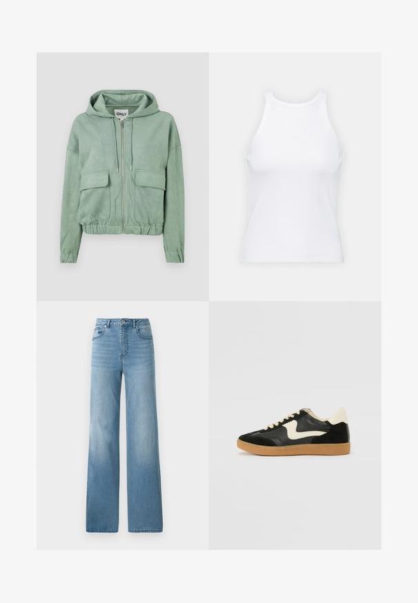 Mäkký zelený zipsový huňák vyrobený z jemného materiálu, s kapucňou na šnúrku, dvoma prednými vreckami a zberaným lemom.; Biela bezrukávová tielko vyrobené z rebrovanej látky, s okrúhlym výstrihom a priliehavým strihom, s minimálnymi švami a bez ozdôb.; Svetlomodré džínsy s vysokým pásom a rovnými nohavicami. Vyrobené z denimu, majú päť vreciek a zapínanie na gombíky.; Čierne semišové a kožené tenisky s krémovým bočným prešívaním a svetlo krémovou pätou. Obsahujú béžové šnúrky a podošvu z gumeného kaučuku.