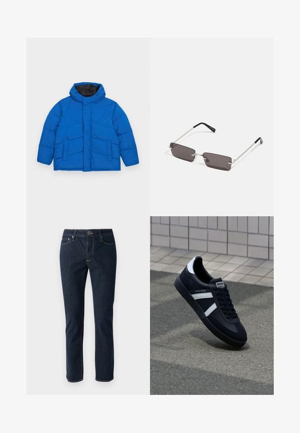 Jack & Jones JJWORLD PUFFER JACKET - Winter jacket - nautical blue; White cotton t-shirt featuring short sleeves, crew neck, and a red graphic text "DELICIOUS REFRESHING FRUIT" on the front.; Dark blue denim jeans with a straight leg design, featuring a button closure, five pockets, and contrasting stitching. Smooth texture.; Black leather sneaker with white stripes, textured rubber sole, and lace-up front. Features a branded label on the tongue.; Sunglasses with rectangular, dark grey lenses, silver metal frames, and black plastic tips on the arms. Lightweight design with nose pads.