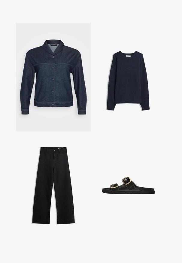 Tmavě modrá denimová bunda s dlouhými rukávy, kulatým límcem a čtyřmi stříbrnými kovovými knoflíky na přední straně.; Námořnická modrá svetr s výstřihem do V, dlouhými rukávy, žebrovanými manžetami a lemem. Vyroben z měkkého pleteného materiálu, s uvolněným střihem a minimalistickým designem.; Černé denimové kalhoty s volným střihem a vysokým pasem, vybavené předními a zadními kapsami, prošívanými švy a knoflíkovým zapínáním. Hladká textura.; Černé kluzné sandály s dvěma zlatými sponami, hladkým texturovaným materiálem, plochou podrážkou a minimalistickým designem.