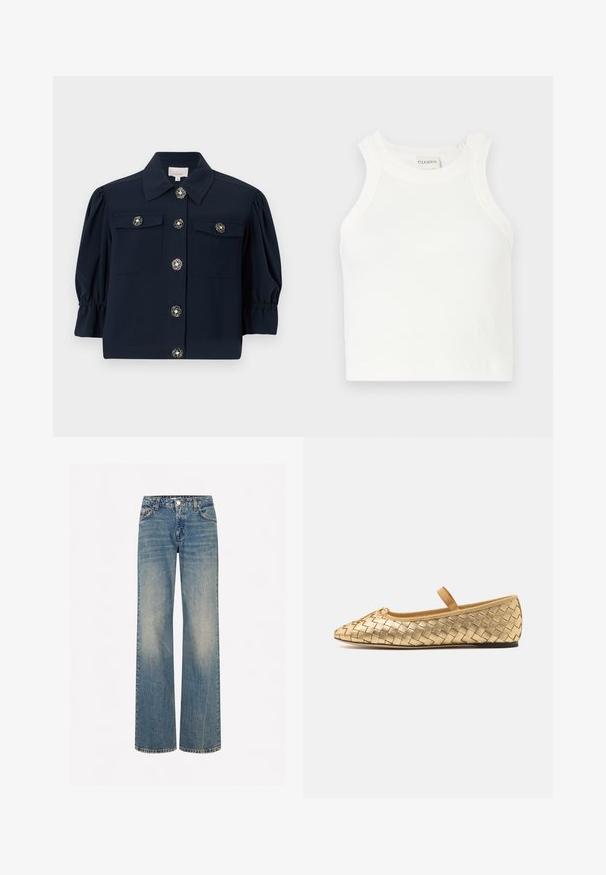 Námořnická krátká košile s límcem, dvěma náprsními kapsami a zlatými květinovými knoflíky. Obsahuje nabírané balónové rukávy a rovný lem.; Bílý žebrovaný top s širokými ramínky a přiléhavým střihem. Má malé embossované logo poblíž lemu.; Světle modré denimové kalhoty s širokými nohavicemi, s vybledlým povrchem, pěti kapsami, zapínáním na knoflík a kontrastním švem podél švů.; Loeffler Randall LEONIE SOFT BALLET FLAT - Baleríny s páskem - gold