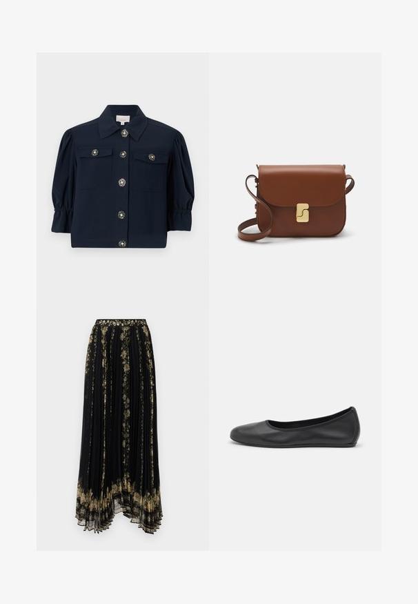 Jūros laivyno trumpų rankovių švarkas su apykakle, dviem krūtinės kišenėmis ir auksiniais gėlių mygtukais. Yra surinktos pūstos rankovės ir tiesus apatinis kraštas.; Balta trumpa rankovėmis marškinėliai, pagaminti iš pasiruošusio audinio. Apvali iškirptė, reguliari tinkamumas ir subtilūs siuvimo detalės. Be raštų ar grafikos.; Juoda klostuota sijonas su gėlių siuvinėjimu auksinėmis ir žaliomis atspalviais, turintis dekoratyvų juosmenį ir plaukiojantį asimetrišką apatinį kraštą.; Juodai odiniai baletai su apvaliu pirštu, lygi texture, minimalus siuvimo detales ir lanksčiu padų dizainu.; Ruda odinė rankinė su uždaromu dangteliu, aukso spalvos detalėmis, petneša ir lygiu paviršiumi. Kompaktiška stačiakampio formos.