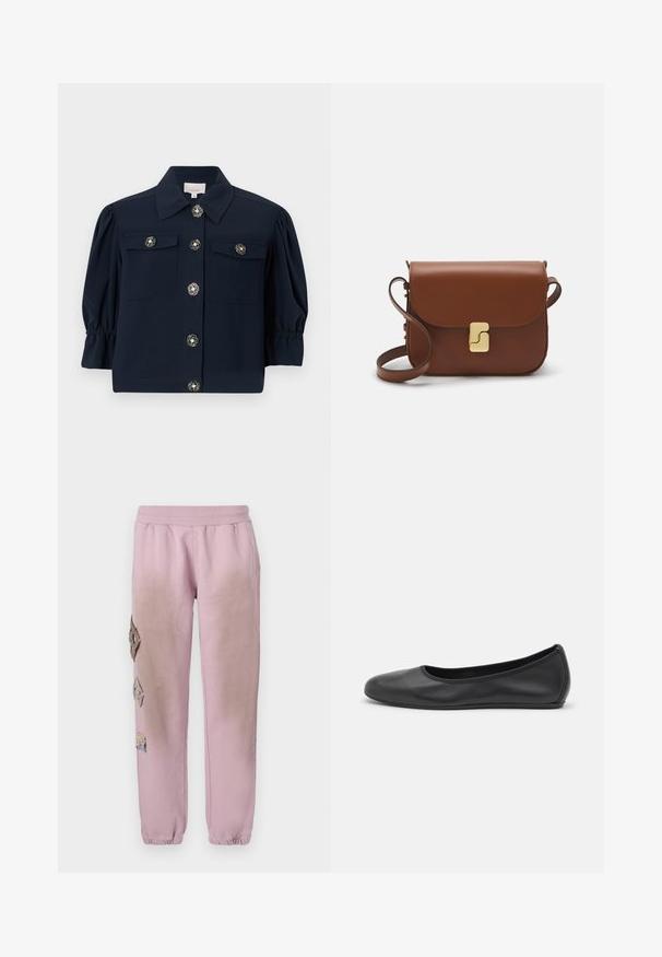Mornarska kratka srajca-jakna s kratkimi rokavi in ovratnikom, dvema žepoma na prsih ter zlatimi cvetličnimi gumbi. Ima nabrite pufaste rokave in ravno spodnji rob.; Bela kratka majica s kratkimi rokavi iz rebrastega materiala. Okrogla ovratnica, običajen kroj in subtilni šivi. Brez vzorcev ali grafik.; Roza trenirka z elastičnim pasom, ki ima okrasne obliže v obliki diamantov na levi strani in elastične manšete na gležnjih.; Črne usnjene balerinke z zaobljenim nosom, gladko teksturo, minimalnimi šivi in fleksibilno zasnovo podplata.; Rjava usnjena torbica s poklopcem, zlato obarvani okovi, naramnica in gladka tekstura. Kompaktna pravokotna oblika.