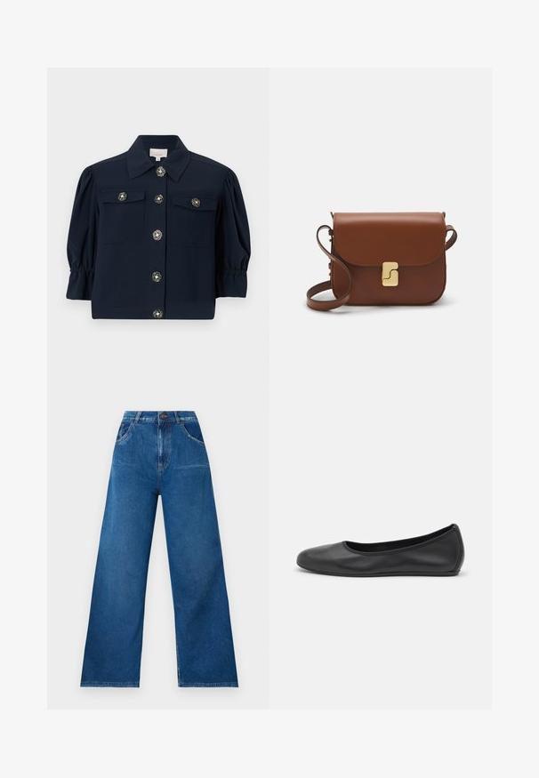 Marineblauw kortarm overhemdjack met een kraag, twee borstzakken en gouden bloemenknopen. Heeft gathered pofmouwen en een rechte zoom.; Witte korte mouwen t-shirt van ribstof. Ronde halslijn, normale pasvorm en subtiele stiksels. Geen patronen of grafische elementen.; Brede pijpen jeans in donkerblauwe denim met een hoge taille, voorzien van voor- en achterzakken, en contrasterende stikseldetails.; Zwarte leren ballerina met een ronde neus, gladde textuur, minimale stikdetails en een flexibele zoolontwerp.; Bruine leren handtas met een klep sluiting, gouden hardware, een schouderband en een gladde textuur. Compact rechthoekige vorm.