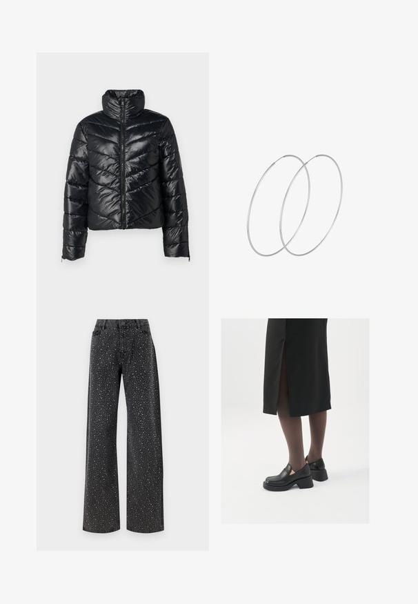 Czarna kurtka puchowa z wysokim kołnierzem, z zamek z przodu i wzorami w kształcie chevron. Wykonana z błyszczącego, gładkiego materiału.; Czarny body z długimi rękawami, z siateczkowym dekoltem w kształcie litery V oraz marszczonym detalem na ramionach. Gładki materiał o dopasowanym kroju.; Noisy May NMJANNEL czarny denim; Czarne skórzane buty z okrągłym noskiem, grubym blokowym obcasem i elastycznymi akcentami po bokach, zestawione z ciemnymi rajstopami i czarną spódnicą z rozcięciem.; Srebrne kolczyki w formie obręczy o minimalistycznym designie. Okrągły kształt, gładka faktura i cienki profil. Lekkie, z polerowanym wykończeniem.