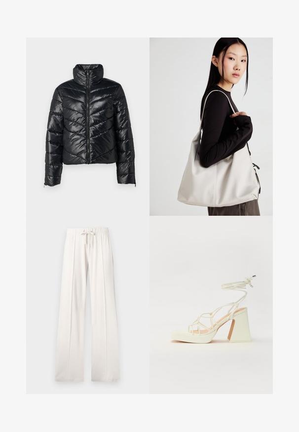 Fekete puffákabát magas gallérral, elöl zipzárral és chevron varrásmintákkal. Csillogó, sima anyagból készült.; Fehér ujjatlan felső, kerek nyakkivágással. Simább anyagból készült, laza fazonnal és minimalista kialakítással rendelkezik. Nincsenek minták vagy díszítések.; Világos bézs színű, puha anyagból készült melegítőnadrág, állítható derékkal, széles lábakkal és függőleges varratokkal, sima felülettel.; Fehér, magassarkú szandál vastag sarokkal, pántos dizájnnal és bokapánttal. Sima textúra, elülső platformmal a megnövelt magasság érdekében.; Puha anyagból készült bézs kézitáska, laza dizájnnal, varrott részletekkel és két vállpánttal. Mindennapi használatra alkalmas.