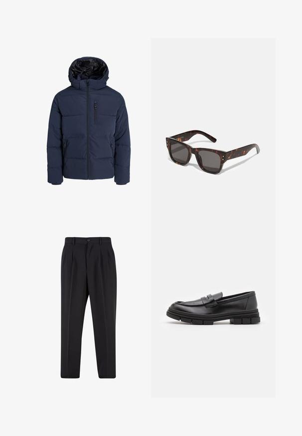 Tumedat sinine sulejope kapuutsiga, millel on ees lukuga sulgemine, küljetaskud ja tikandmustrit isoleerimiseks ja soojuseks.; Musta kõrge kaelusega kampsun, mis on valmistatud pehmest kudumist materjalist. Omab pikki varrukaid, soonikpitsiga kaela- ja alumist äärt. Lihtne ja sujuv disain ilma mustriteta.; Mustad püksid, millel on voltidega eesmine disain, valmistatud siledast kangast. Omab nup closure ja vöökinnitusauke; sirge jalgade lõige.; Mustad musta naha sussid sujuva viimistlusega, esiosal rihmaga detail ning paksu kummitaldaga, mis on kaunistatud soontega.; Sinupruunid päikeseprillid tumedate läätsede, ruudukujulise raamiga ja hõbedaste aktsent-nööridega ees. Valmistatud plastikust, kerged ja vastupidavad.