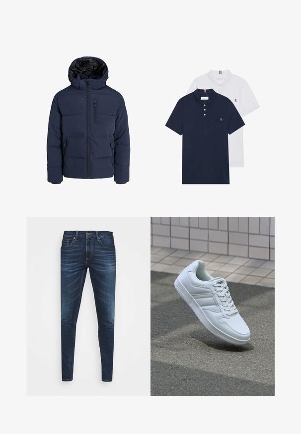 Granatowa kurtka puchowa z kapturem, z zamkiem błyskawicznym z przodu, bocznymi kieszeniami oraz pikowanym wzorem dla lepszej izolacji i ciepła.; Dwa koszulki polo: jedna granatowa, a druga biała, obie z małym akcentem w kolorach czerwonym, białym i niebieskim na kieszeni na piersi oraz kołnierzyku.; Granatowe dżinsy o slim fit, delikatnym wyblaknięciu, pięciu kieszeniach i metalowym zapięciem. Haftowane akcenty w kontrastowym kolorze.; Białe sportowe trampki z gładkiej skóry, z zapięciem na sznurowadła, perforowanym noskiem i wzorzystą podeszwą. Minimalistyczny design z trzema paskami po bokach.