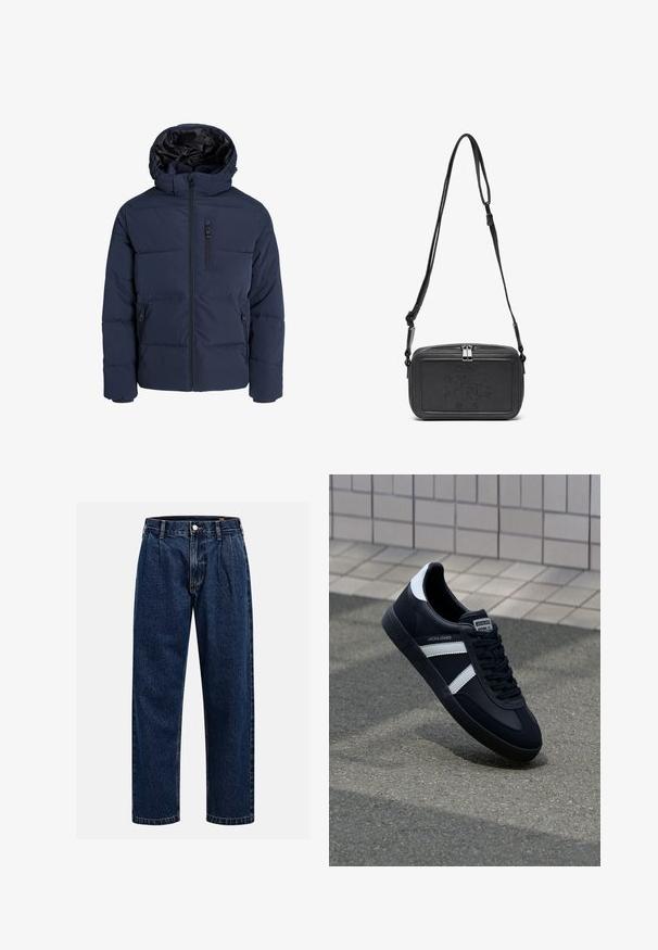 Tummansininen puhvijakku hupparilla, jossa on vetoketju edessä, sivutaskut ja tikattu kuviomalli eristyksen ja lämmön takaamiseksi.; Kerman puuvillane T-särk lühikeste varrukatega ja ümmarguse kaelusega. Omab sinist ja punast graafilist trükist tekstiga ja motiiviga.; Tummansininen farkkushortsit suoralla lahkeella. Ominaisuuksiin kuuluvat näkyvät saumat, napitus ja etulaskokset lisäyksinä.; Mustat nahkakengät valkoisilla raidoilla, teksturoitu kumipohja ja nauha edessä. Varustettu merkkitarralla kielen päällä.; Musta nahkainen olkalaukku vetoketjulla, etuosassa kohoamalla painettu logo ja säädettävä hihna. Sujuva pinta ja suorakulmainen muoto.