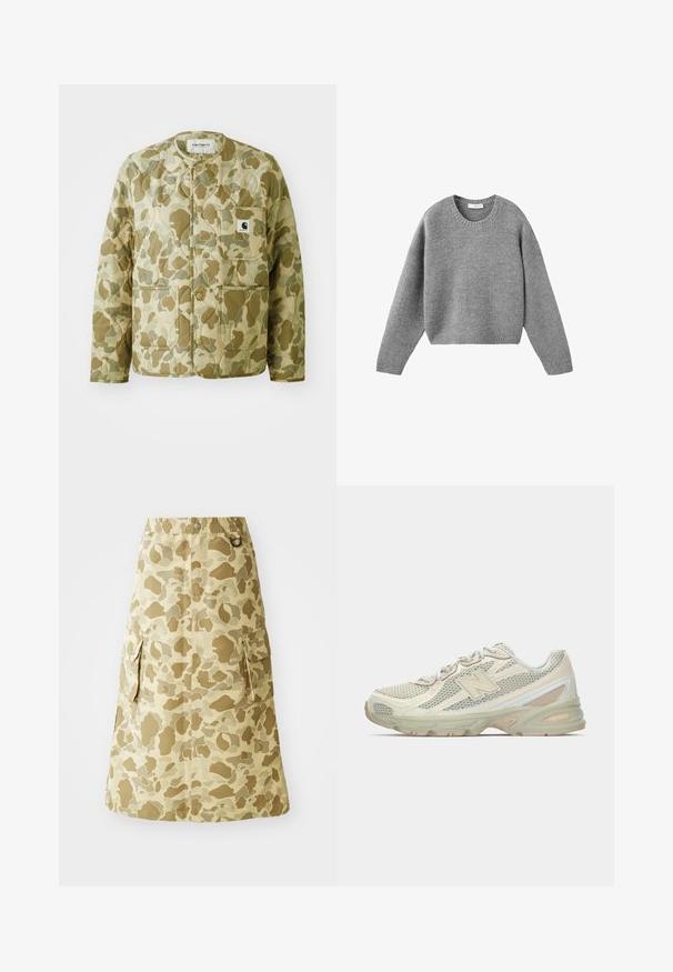 Quilted Jacke in einem beigen und grünen Camouflage-Muster, mit rundem Halsausschnitt, Vordertaschen und einem quadratischen Markenlabel auf der Tasche.; Grau gestrickter Rundhalsausschnitt-Pullover mit langen Ärmeln sowie gerippten Bündchen und Saum, flach auf einem weißen Hintergrund ausgelegt.; Kaki-Rock mit Camouflage-Muster, aus einem glatten Material gefertigt, mit elastischem Taillenbund und zwei seitlichen Taschen.; Leichte Sneakers mit einem Obermaterial aus Netz in Beige und Creme, ausgestattet mit einem auffälligen "N"-Logo, gepolsterter Sohle und strukturierten Akzenten.