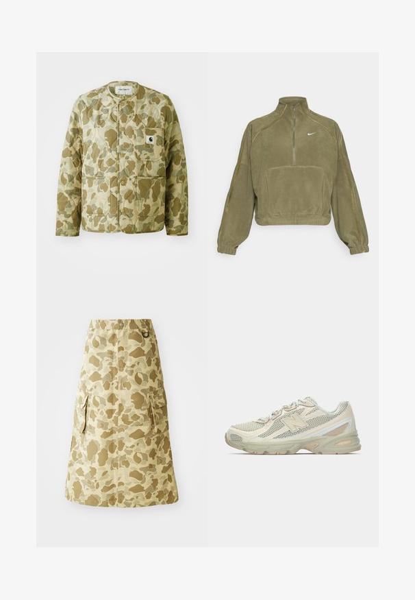 Quilted Jacke in einem beigen und grünen Camouflage-Muster, mit rundem Halsausschnitt, Vordertaschen und einem quadratischen Markenlabel auf der Tasche.; Olivgrüner Fleece-Pullover mit halbem Reißverschluss, Fronttasche und Nike-Logo. Verfügt über elastische Bündchen und subtile Nähte.; Kaki-Rock mit Camouflage-Muster, aus einem glatten Material gefertigt, mit elastischem Taillenbund und zwei seitlichen Taschen.; Leichte Sneakers mit einem Obermaterial aus Netz in Beige und Creme, ausgestattet mit einem auffälligen "N"-Logo, gepolsterter Sohle und strukturierten Akzenten.