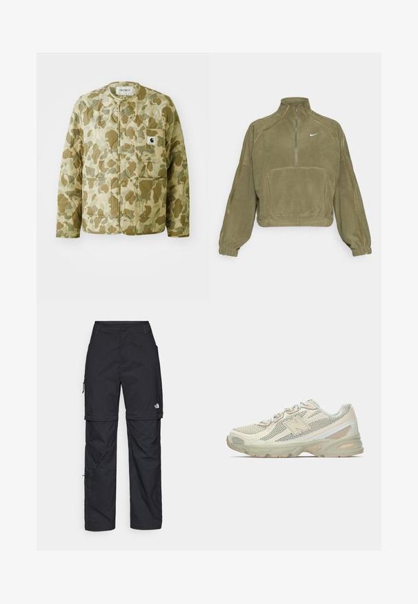 Veste matelassée dans un motif de camouflage beige et vert, avec un col rond, des poches avant et une étiquette de marque carrée sur la poche.; Veste polaire vert olive à demi fermeture éclair, avec une poche avant et le logo Nike. Dotée de poignets élastiques et de coutures discrètes.; Pantalons cargo en nylon noir, à zip amovible, avec chevilles ajustables, plusieurs poches et un logo sur la jambe droite. Texture lisse et légère.; Baskets légères avec une tige en maille beige et crème, arborant un logo "N" bien visible, une semelle rembourrée et des accents texturés.