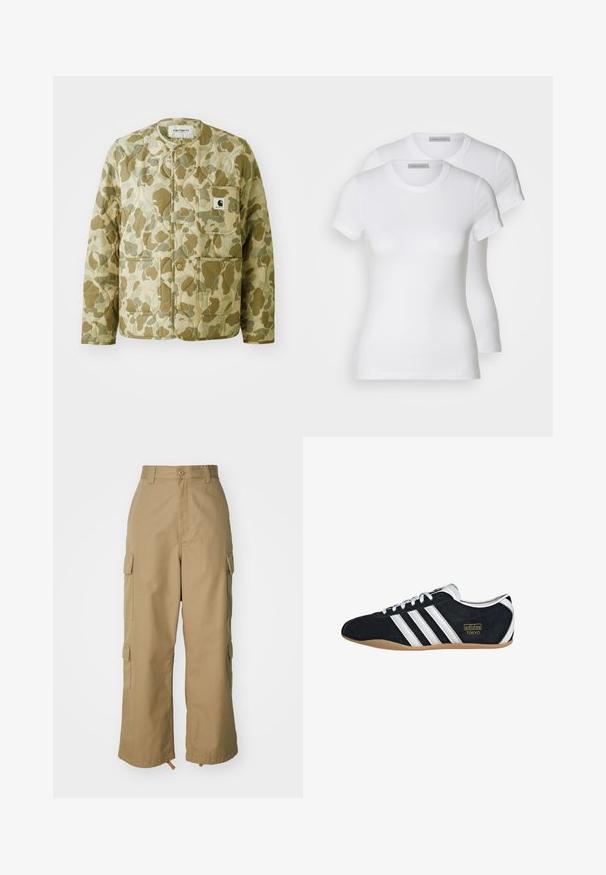 Gequilted jas in een beige en groen camouflagepatroon, met een ronde halslijn, voorzakken en een vierkant merkembleem op de zak.; Twee witte katoenen t-shirts met korte mouwen, ronde halslijnen en een getailleerd silhouet, met een zachte textuur en minimalistisch ontwerp.; Beige cargobroek met een hoge taille, wijde pijpen en vier grote zijzakken. Gemaakt van duurzaam materiaal met een soepele textuur en minimale details.; Zwarte suède sneaker met witte drie strepen, gouden logo en een bruine rubberen zool. Heeft een laag profiel vetersluiting ontwerp.