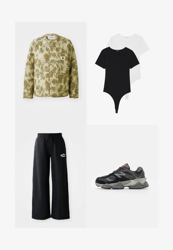 Chaqueta acolchada en un patrón de camuflaje beige y verde, con un cuello redondo, bolsillos frontales y una etiqueta de marca cuadrada en el bolsillo.; Bodysuits cortos de manga corta en blanco y negro con cuellos redondos y parte trasera tipo tanga, fabricados en un tejido suave y elástico.; Pantalones de chándal anchos y negros con cintura ajustable. Presentan texto bordado en el lado izquierdo, fabricados con una suave mezcla de algodón.; Zapatilla negra y gris con una mezcla de materiales de ante y malla, suela gruesa, logotipo prominente y acento rojo en la lengüeta.