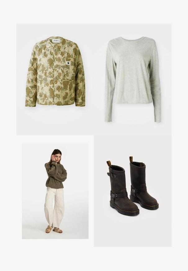 Kurtka pikowana w beżowo-zielonym wzorze kamuflażu, z okrągłym dekoltem, przednimi kieszeniami i kwadratową metką marki na kieszeni.; Jasnoszara koszula z długim rękawem, wykonana z miękkiego materiału, z okrągłym dekoltem i luźnym krojem. Szczegóły szwów po bokach.; Free People - Jeansy Relaxed Fit; Ciemnobrązowe skórzane buty z projektu do połowy łydki, żółte szwy, regulowane paski z klamrami oraz pętle do zakupu na górze. Teksturowane wykończenie.