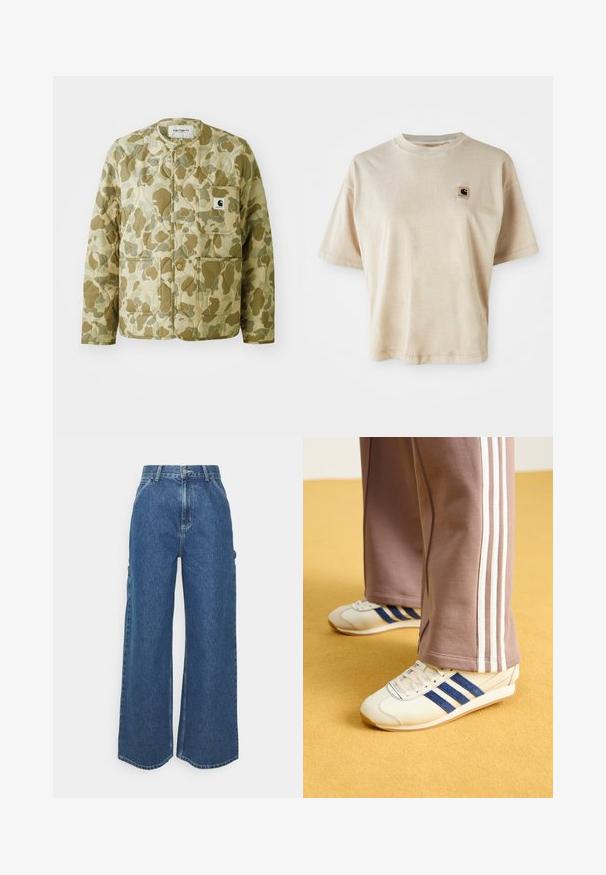 Giubbotto trapuntato in un motivo di camuffamento beige e verde, con collo rotondo, tasche frontali e un'etichetta quadrata del brand sulla tasca.; T-shirt in cotone beige con vestibilità comoda, scollo rotondo, maniche corte e un piccolo logo quadrato sulla parte sinistra del petto.; Pantaloni in denim blu a gamba larga con vita alta, cuciture a contrasto e tasche laterali, caratterizzati da un classico design a cinque tasche e orli grezzi.; Sneakers crema con strisce in suede blu, lacci bianchi e suola in gomma. Abbinati a pantaloni sportivi grigi con strisce laterali bianche.