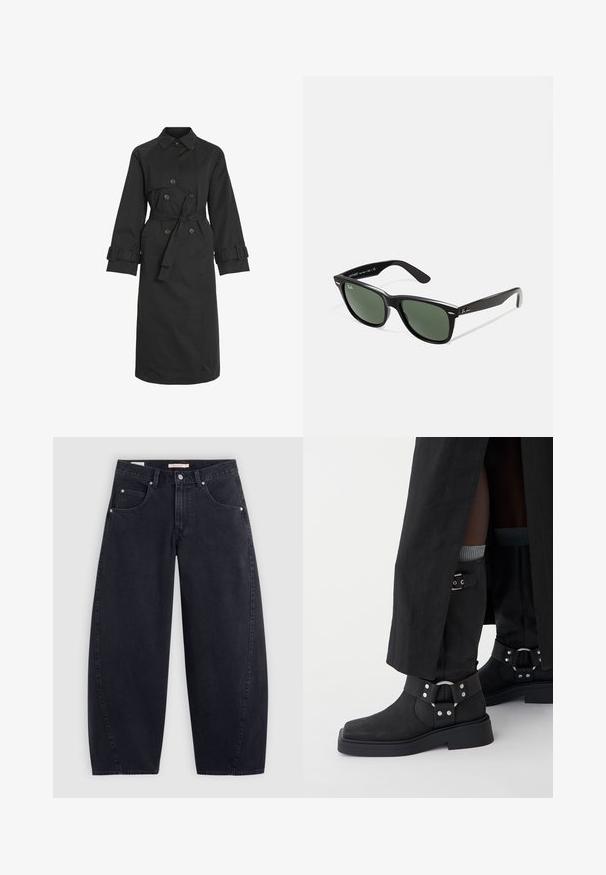 Čierny trenčkot s opaskom v páse, gombíkovými zapínaniami a širokým golierom. Má raglánové rukávy a nastaviteľné popruhmi na manžetách.; Biele tričko s bielymi pruhmi Adidas s námorníckymi modrými akcentmi, s okrúhlym výstrihom, krátkymi raglánovými rukávmi a výrazným logom "adidas" na prednej strane.; Čierne široké džíny z denimu s vysokým pásom, dvoma prednými vreckami a striebornými doplnkami. Hladká textúra, minimálne švy a rovný strih.; Čierne členkové topánky vyrobené z kože s matným povrchom, so štvorcovou špičkou a dekoratívnymi prackami. Podrážka je robustná a textúrovaná.; Čierne plastové slnečné okuliare so zelenými šošovkami, štvorcové rámy, strieborný akcent na obočí a textúrované ramenné opierky. Brand uvedený na vnútornej strane ramien.; Čierna taška cez rameno s dvoma dlhými ušami, zipsom na vrchnej strane a malým zeleným krokodílom umiestneným pod uchami.